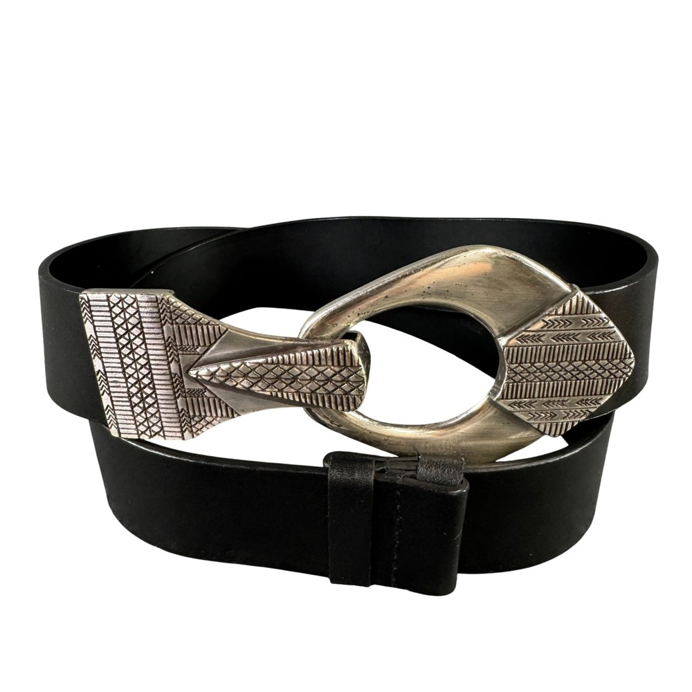 Chicos Black Genuine Leather Wide Belt Silver Etched Buckle Size ML 2484